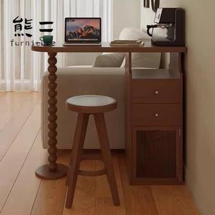 复古樱桃木实木吧台小户型客厅隔断沙发边柜家用餐边柜电脑桌 法式