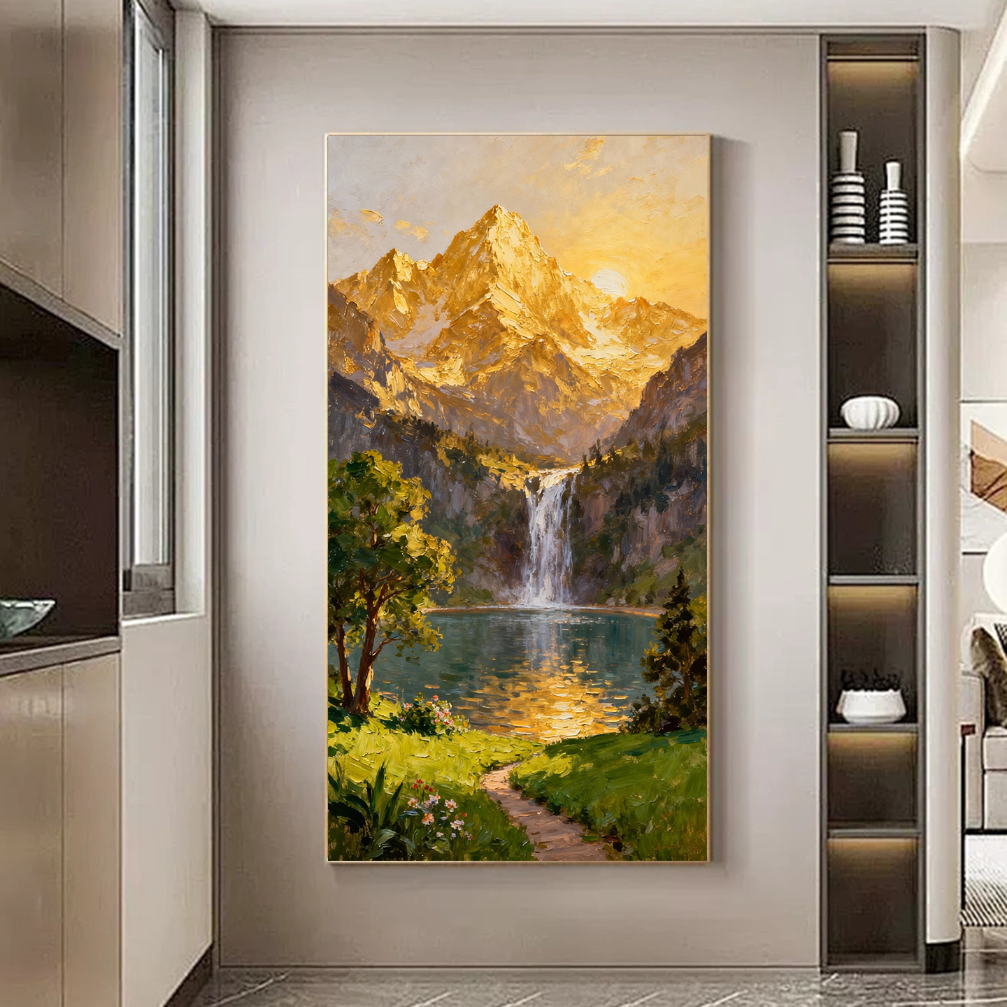 纯手绘油画中式山水画日照金山聚宝盆风景画大芬油画村玄关装饰画