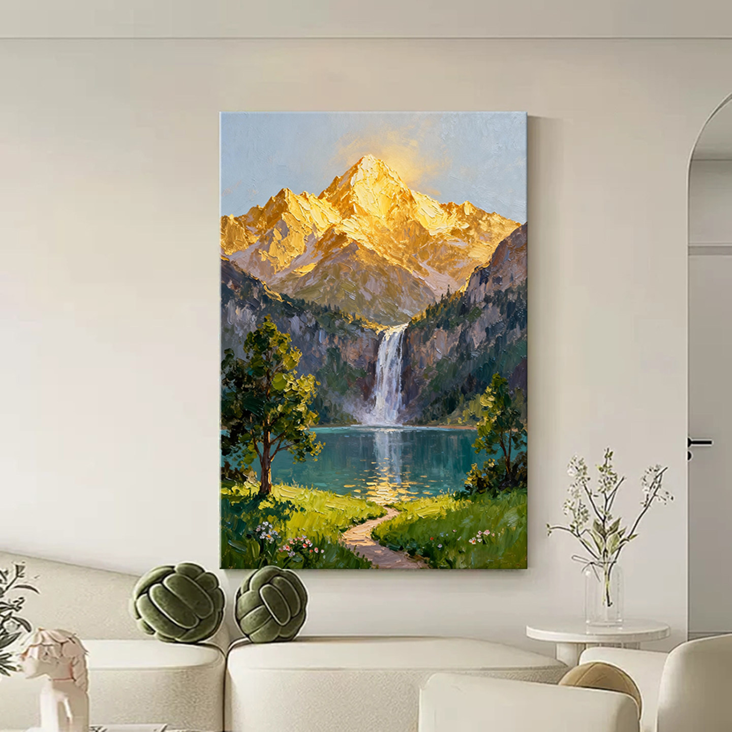 纯手绘油画日照金山聚宝盆山水风景画大芬村玄关艺术挂画客厅挂画