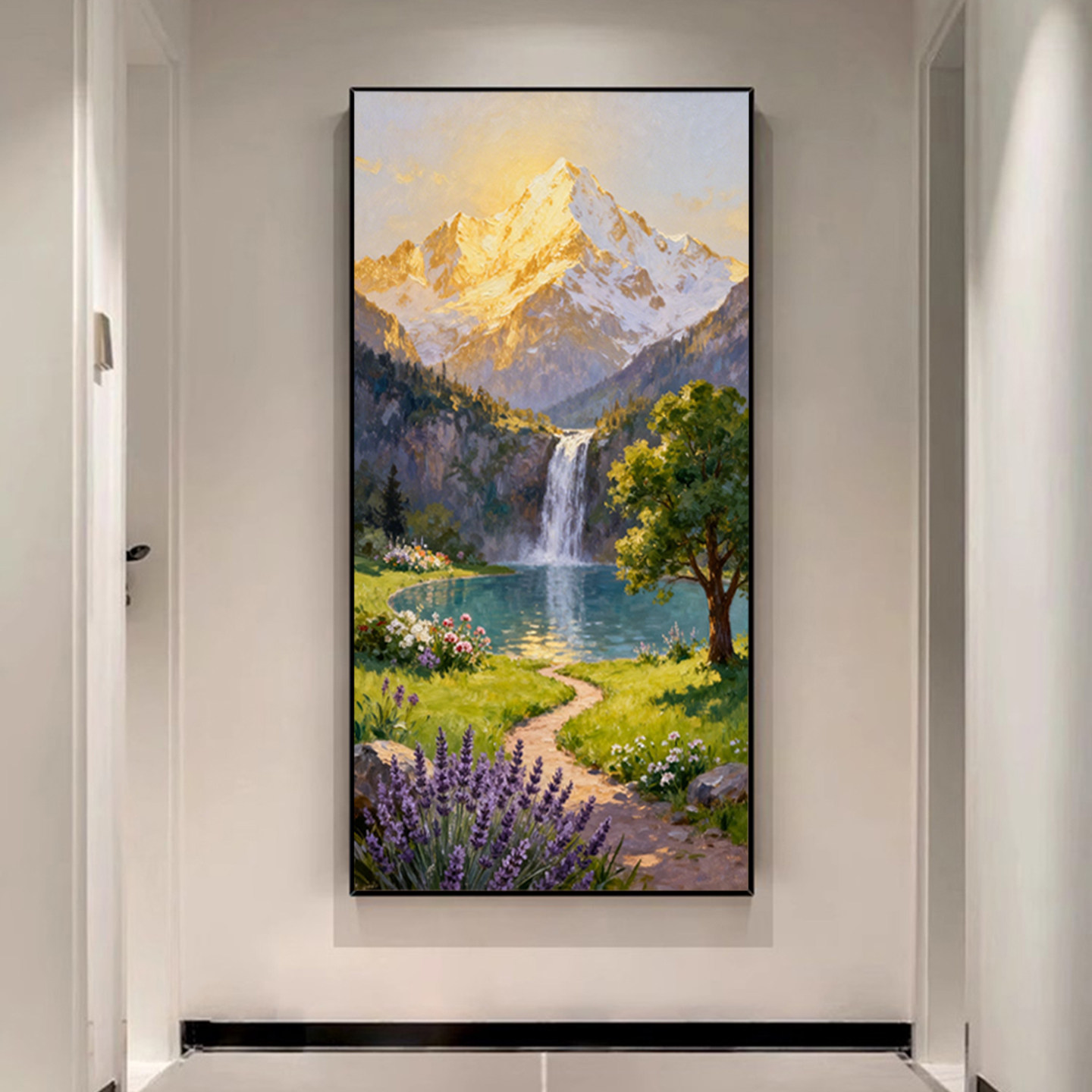可班手绘油画日照金山玄关装饰画