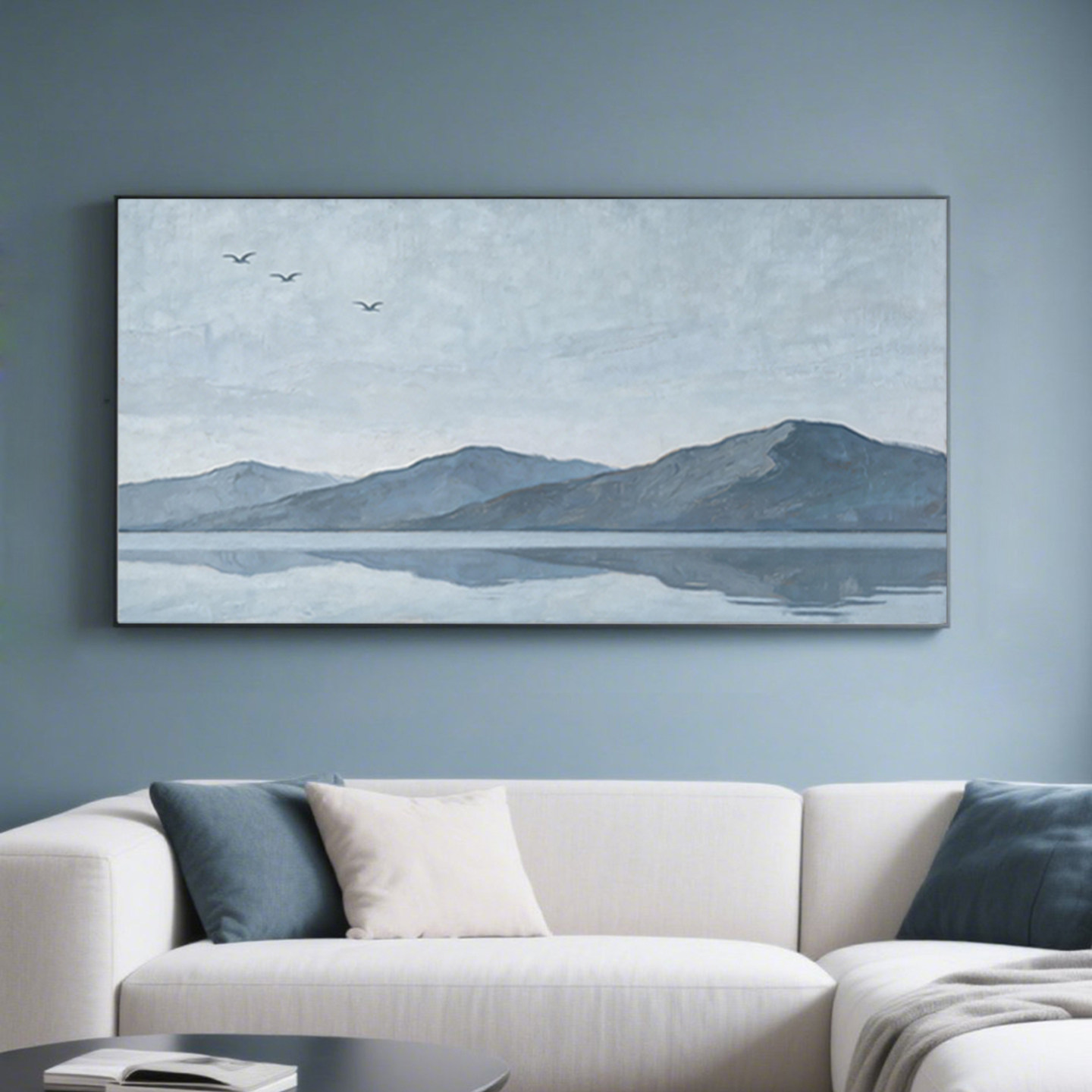 手绘油画静湖逐雁山水客厅装饰画