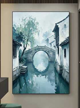 可班纯手绘油画玄关古镇装饰挂画