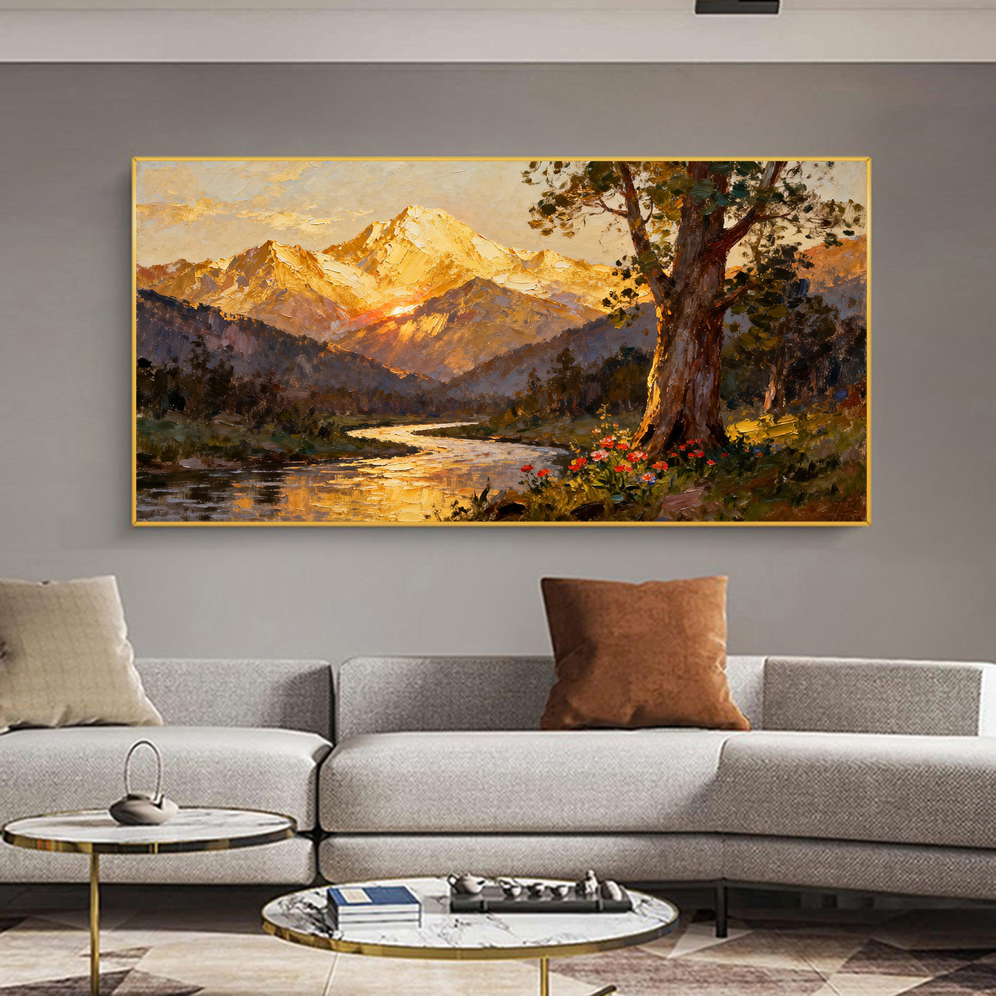 纯手绘油画日照金山流水生财风景画书房背景中式山水画客厅装饰画