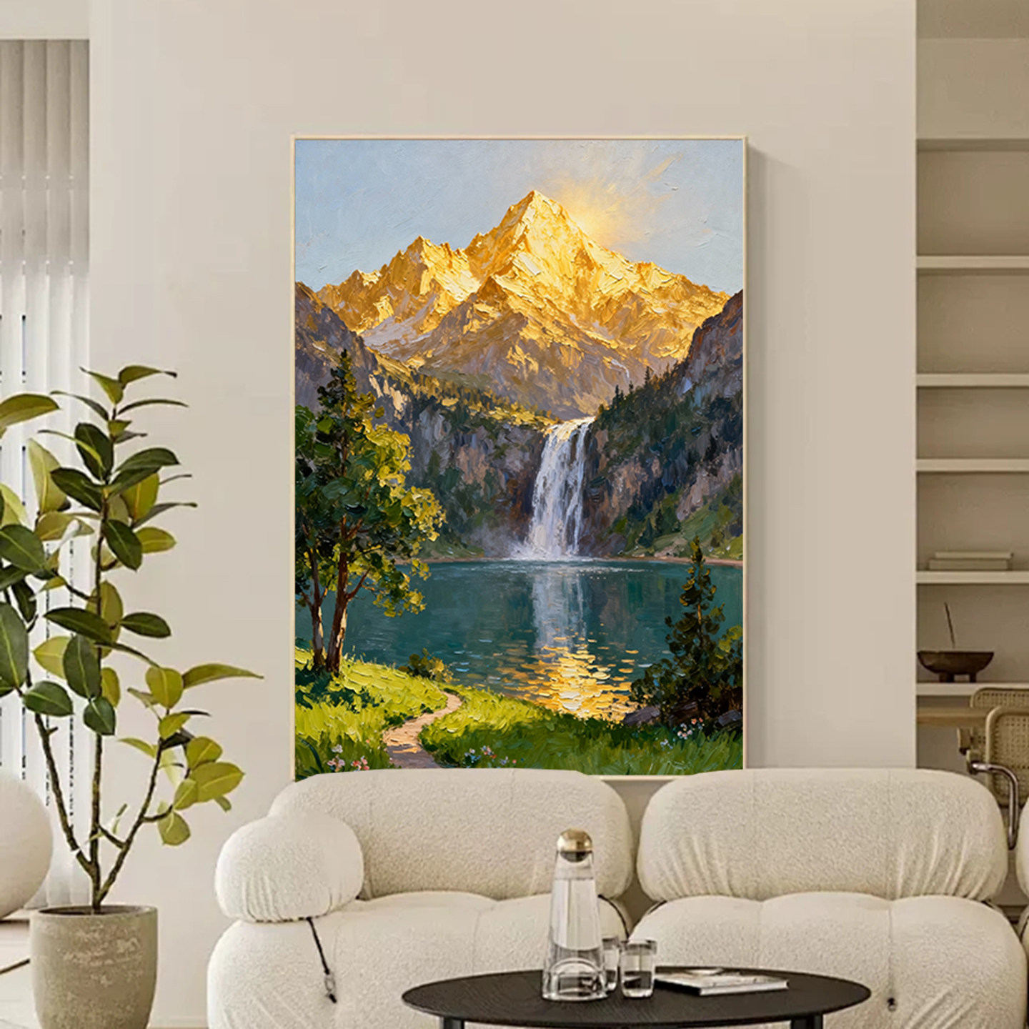 纯手绘油画日照金山聚宝盆风景画中式山水画肌理感客厅书房艺术画