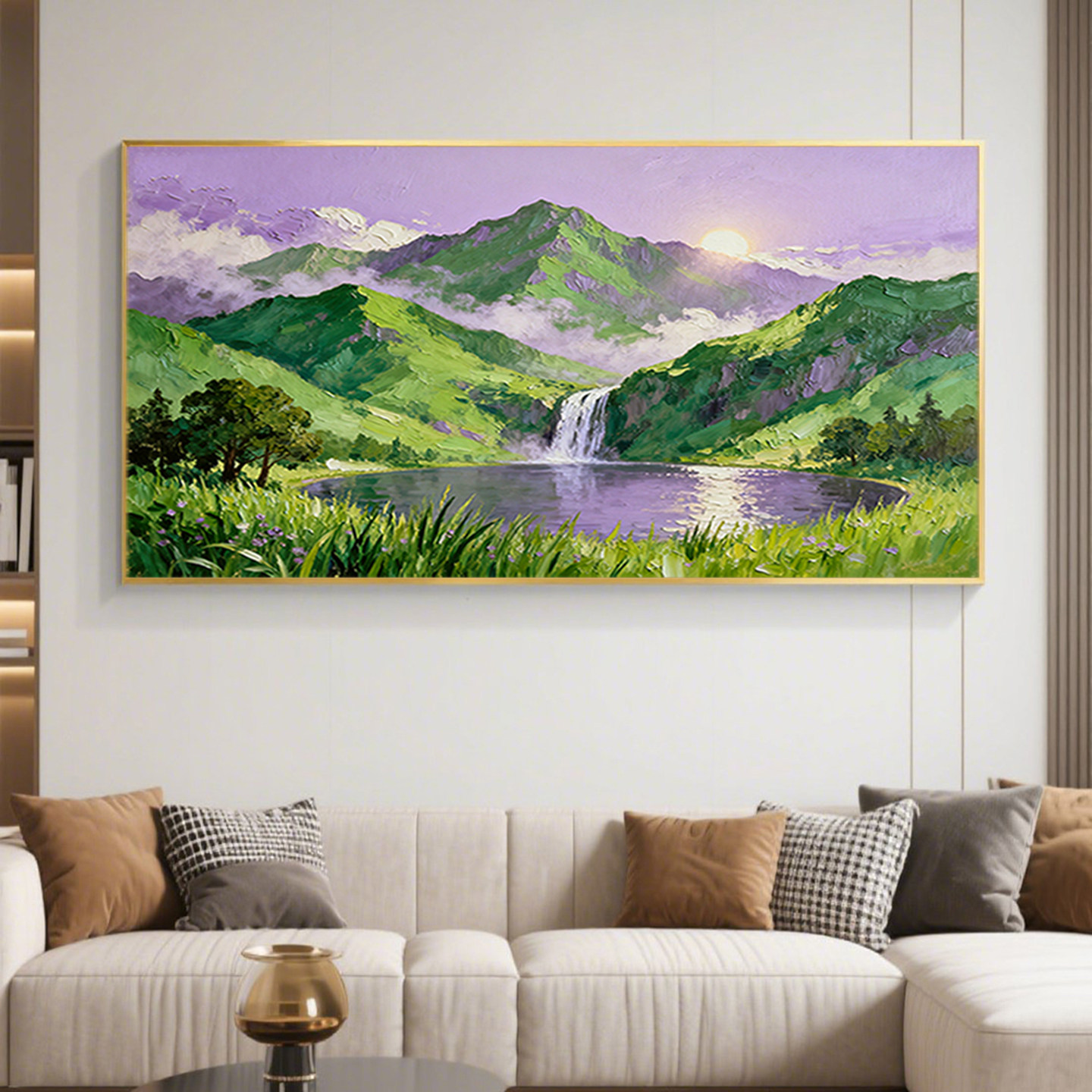 可班手绘油画青山瀑布风景画