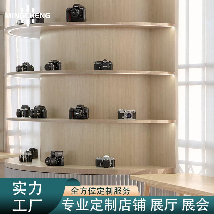 厂家定制尼康相机展示柜木纹摄像机陈列柜带灯电子产品中岛展示柜