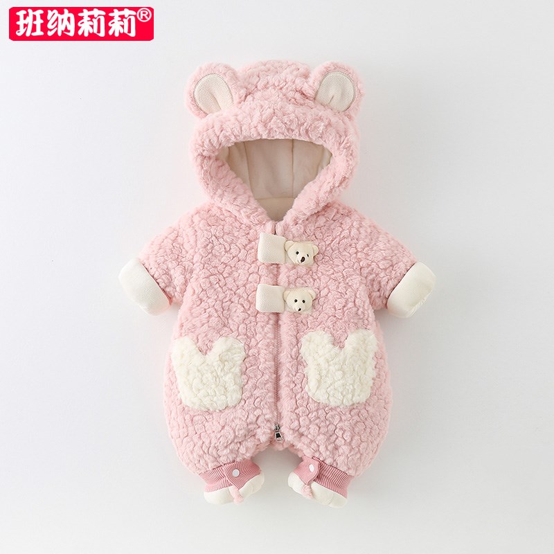 婴儿衣服秋冬装宝宝加绒冬季连体衣棉服超萌毛毛衣外套保暖厚哈衣