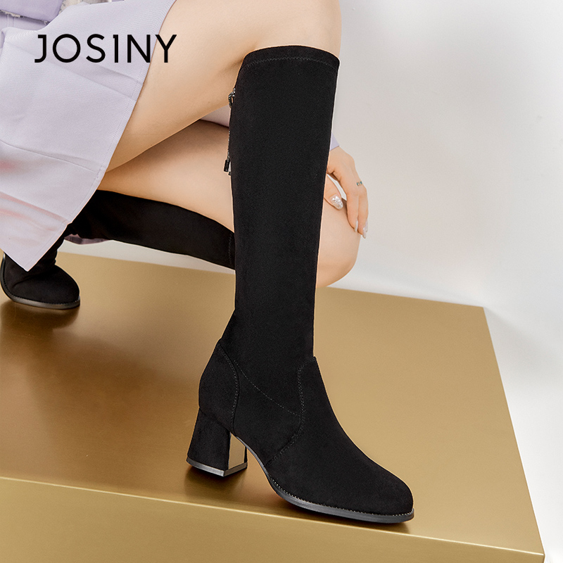 卓诗尼冬季新款女长筒靴薄绒粗跟厚底瘦瘦靴英伦风骑士靴