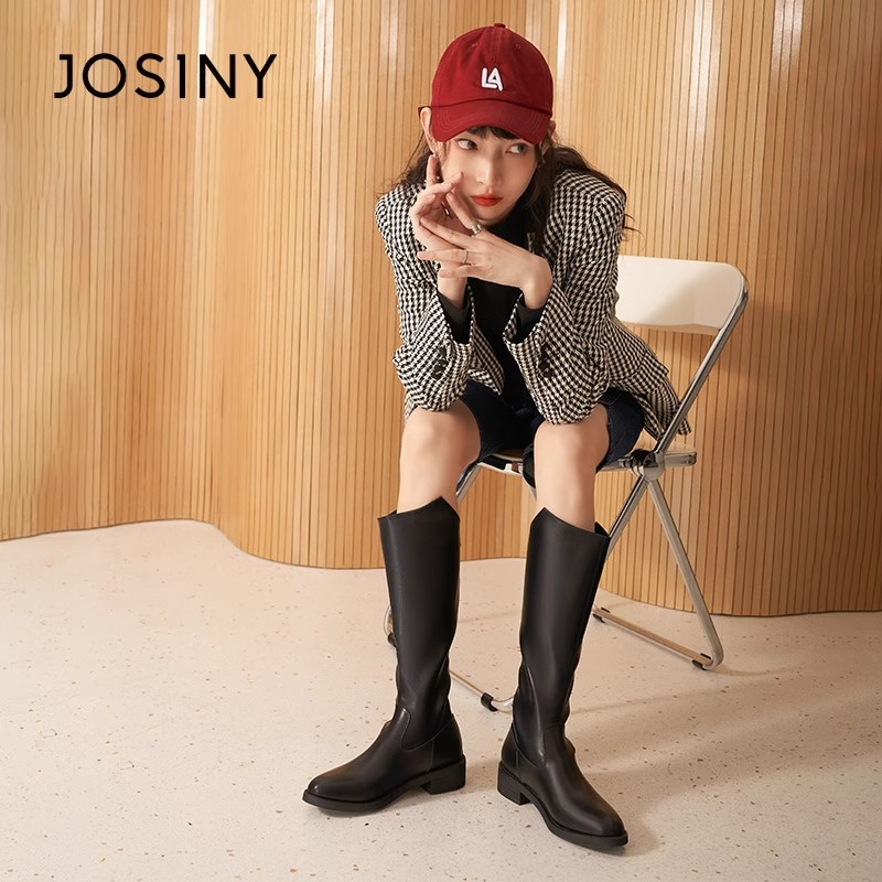 卓诗尼不过膝长筒靴女秋冬新款高筒西部靴粗跟加绒长靴骑士靴子女