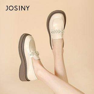 英伦风软皮黑色小皮鞋 卓诗尼女鞋 新款 圆头厚底一脚蹬乐福鞋 潮 春季