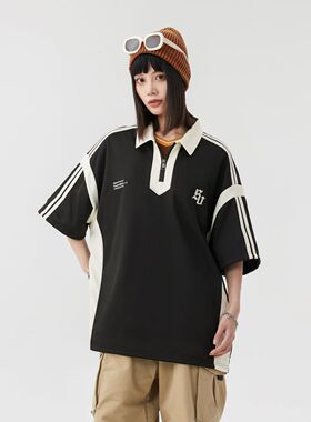 Sview 美式撞色字母Logo刺绣拼接织带休闲宽松落肩短袖Polo衫
