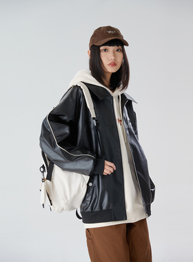 Sview 美式复古纯色字母Logo钢印翻领拉链皮衣 男女同款 黑色