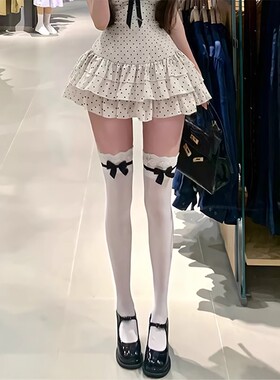 lolita蕾丝花边高筒蝴蝶结大腿袜丝袜天鹅绒白色过膝长筒袜女廋腿