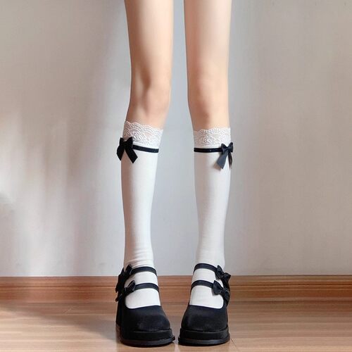 蝴蝶结天鹅绒堆堆袜女秋冬学院风小腿袜子配小皮鞋白色洛丽塔中筒 - 封面