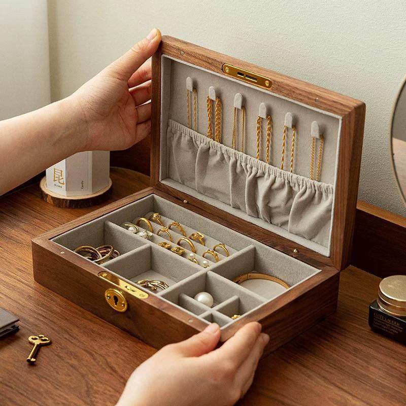 黑胡桃木实木首饰盒收纳盒高档精致珠宝饰品戒指项链耳钉手镯盒子
