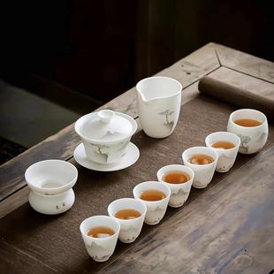 手绘白瓷家用送长辈领导景德镇礼品 羊脂玉瓷功夫茶具套装