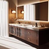 法式 覆古岩板陶瓷双槽洗脸盆浴室柜组合洗手池脸盆柜橡木化妆室洗