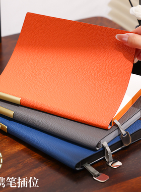 A5荔枝纹真皮笔记本带便携笔插位商务办公加厚内页手账本可定制LOGO刻字简约文艺高颜值日记本会议记录本本子