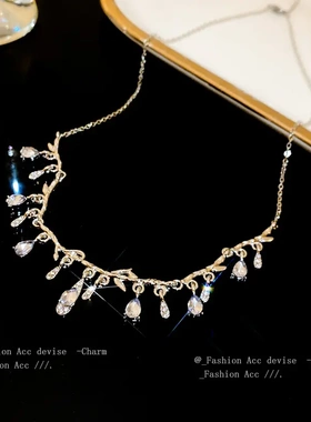 欧美时尚镶钻水滴树枝项链轻奢小众气质锁骨链个性高级感饰品