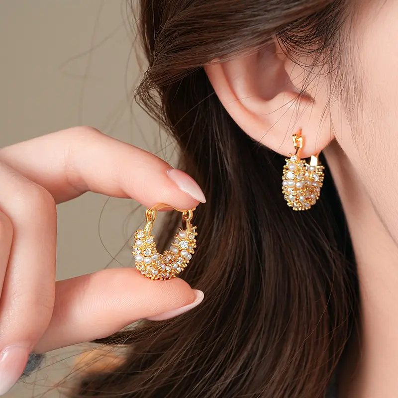 真金电镀锆石u形珍珠耳环法式复古轻奢耳扣时尚小众百搭气质耳饰