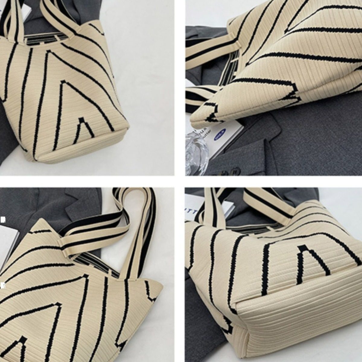 包包女小众设计波浪纹针织单肩包出街购物大容量包包通勤水桶包