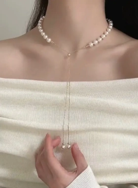 法式抽拉珍珠项链女高级感轻奢小众设计可调节锁骨链精致气质项链