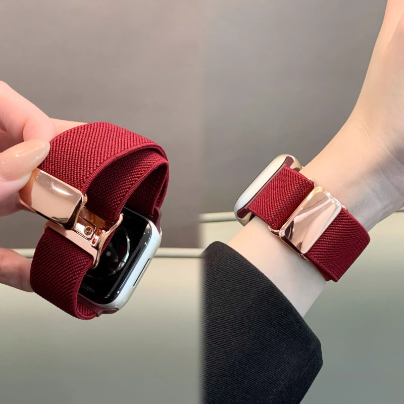 适用iWatchs11代新款亮面金属扣尼龙弹力磁吸表带苹果s10applewatchS98se华为FIT4智能fit3小米9Pro透气红米6