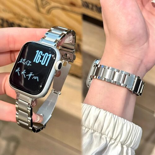 适用于iWatchs11表带新款苹果s1098小方块三株钢带高级感金属表带小米9Pro智能华为Fit4夏天FIT3小米10代透气
