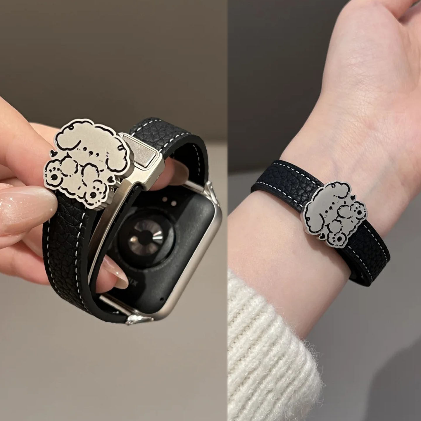 适用小米9Pro高级感8Pro细款荔枝纹真皮金属狗狗磁吸扣表带iWatchs10苹果s109se华为Fit4夏天FIT3红米watch54图片