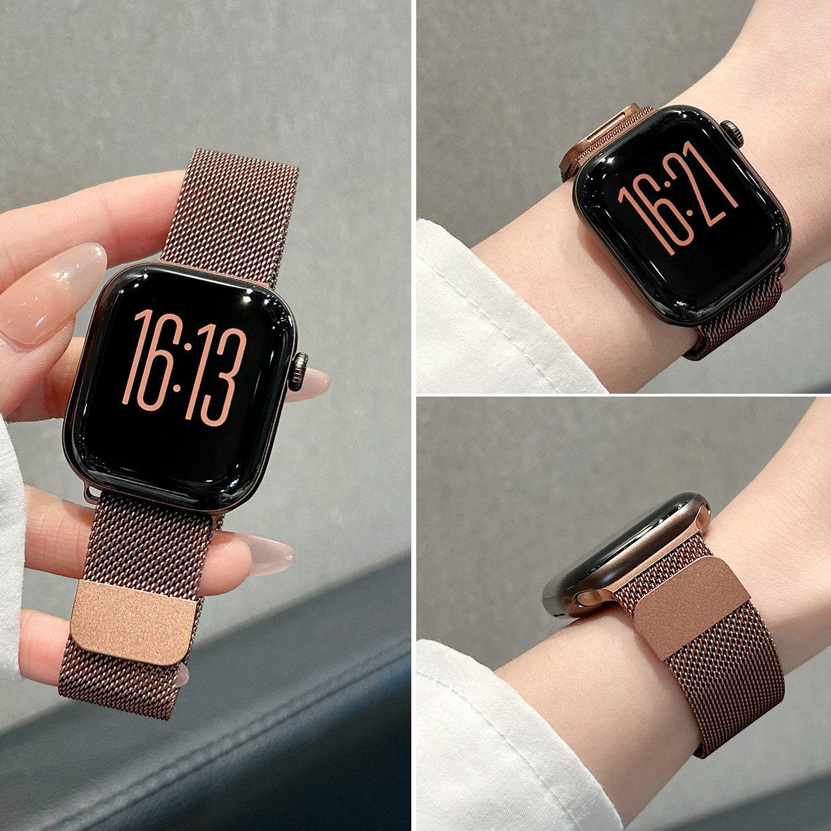 适用iWatchS12新款古铜色米兰尼斯金属磁吸苹果S11表带appewatchS10S9S8765se3透气钢带Ultra4智能通用高级感