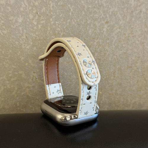 适用iWatchs11新款华为Fit5韩系碎闪星星皮质双钉扣s10表带applewatchS98se女款FIT4小米10Pro红米watch6高级