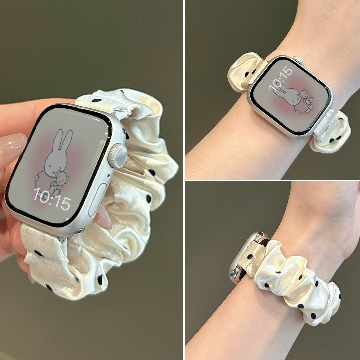 适用iWatchs11代新款华为FIT5韩系甜酷波点发圈表带苹果手表s10987se舒适FIT43小米10Pro女款红米6高级感透气