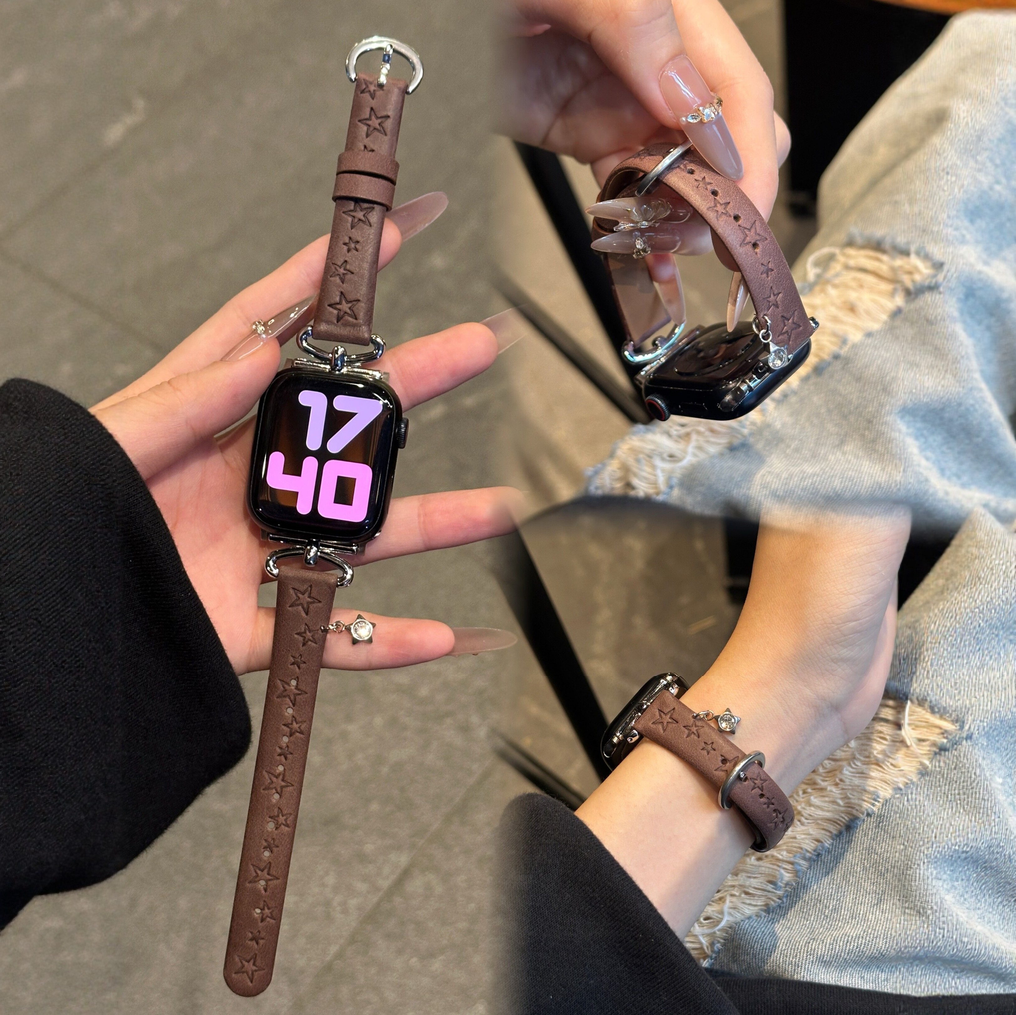 【秋冬星星吊坠复古真皮】适用iWatchS11苹果S10小牛皮applewatchs9S87表带se华为Fit4/Fit3红米watch6高级感