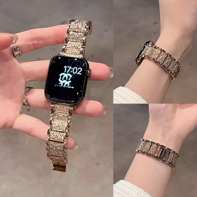 适用华为Fit5手表fit4高级感iwatchS11表带满天星满钻三株金属表带苹果s109小米9Pro8pro透气红米watch54夏天