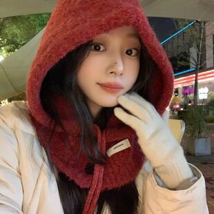 安可拉红色拉法帽女冬季加厚围巾一体针织帽套头帽韩里韩气的帽子