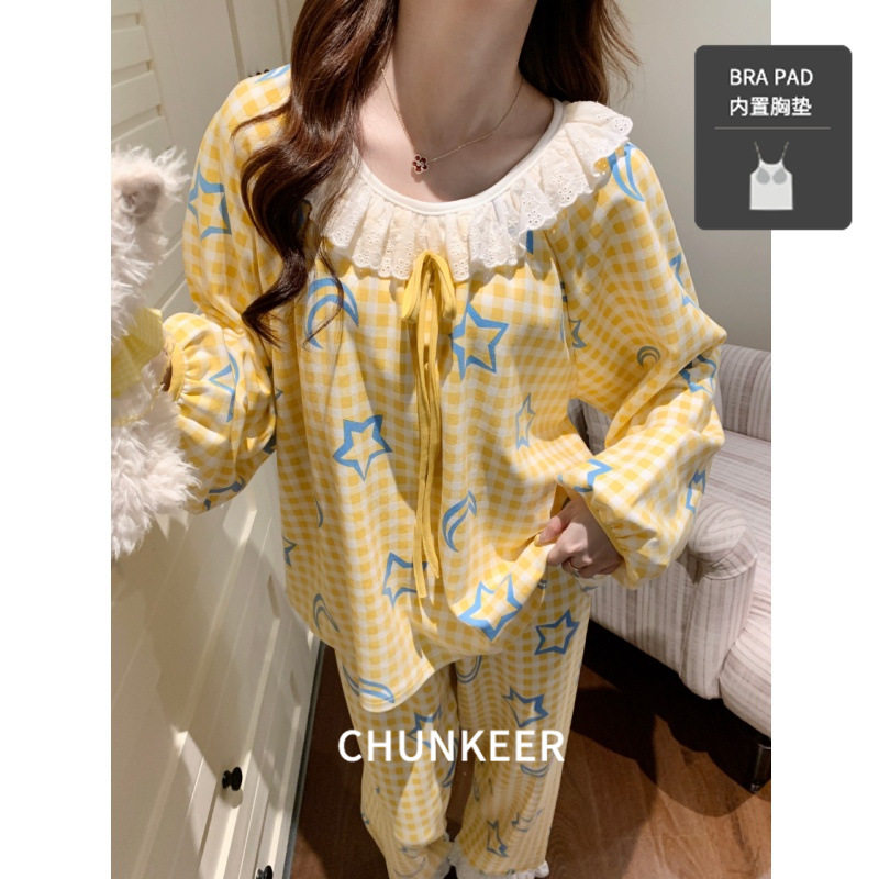 蕾丝花边蝴蝶结甜美套头高颜值睡衣女秋长袖束口格子可外穿家居服