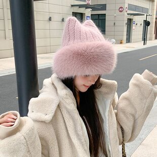 帽子女冬季2025新款网红风双角蒙古帽防风保暖护耳御寒针织套头帽
