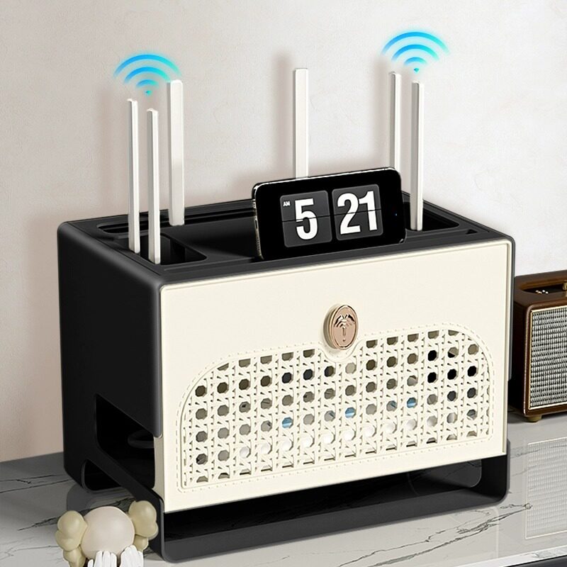 WIFI路由器数据线收纳盒大容量中古风多功能桌面办公收纳家用客厅