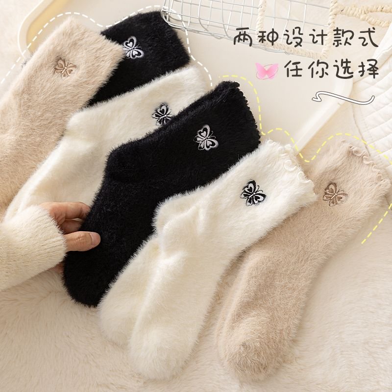 花边袜子女中筒袜秋冬款加绒加厚