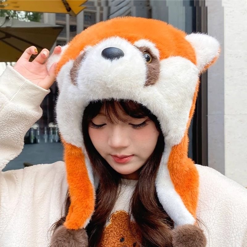可爱浣熊帽子秋冬季小熊猫卡通毛绒护耳加厚加绒雷锋保暖帽女