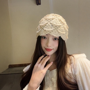 高端手工蕾丝钩花包头帽子女春夏新款显脸小针织毛线帽护耳套头帽