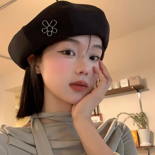 黑色花朵针织贝雷帽女显脸小蓓蕾画家帽大头围帽潮韩里韩气的帽子