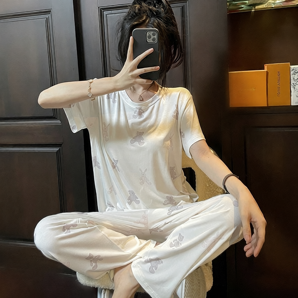 日系睡衣莫代尔棉质夏季甜美兔子熊短袖长裤套装可爱软糯家居服薄