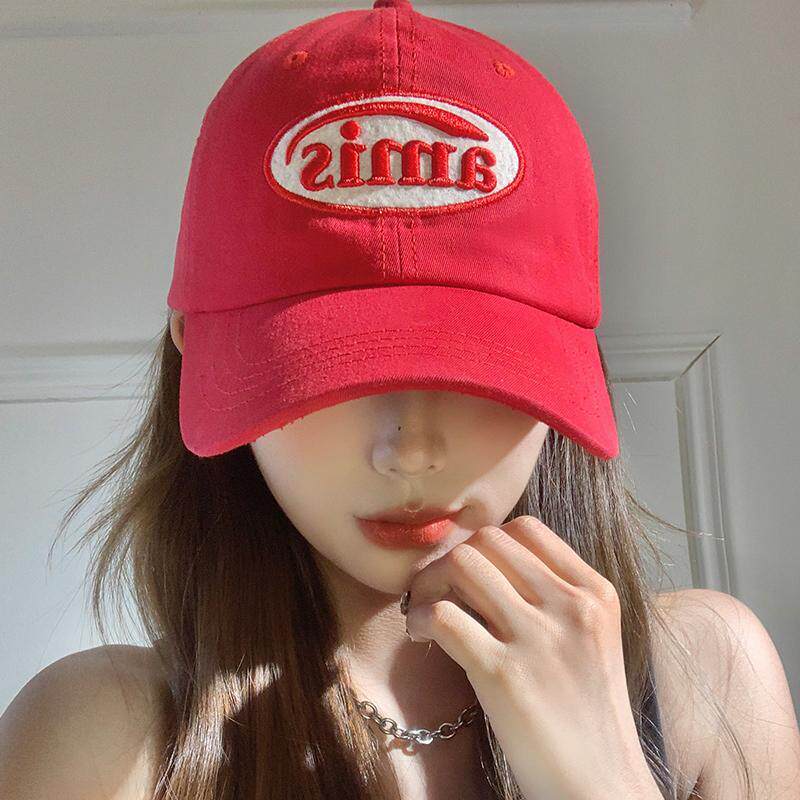 韩版红色棒球帽女春夏款休闲百搭大头围显脸小软顶鸭舌帽遮阳帽子
