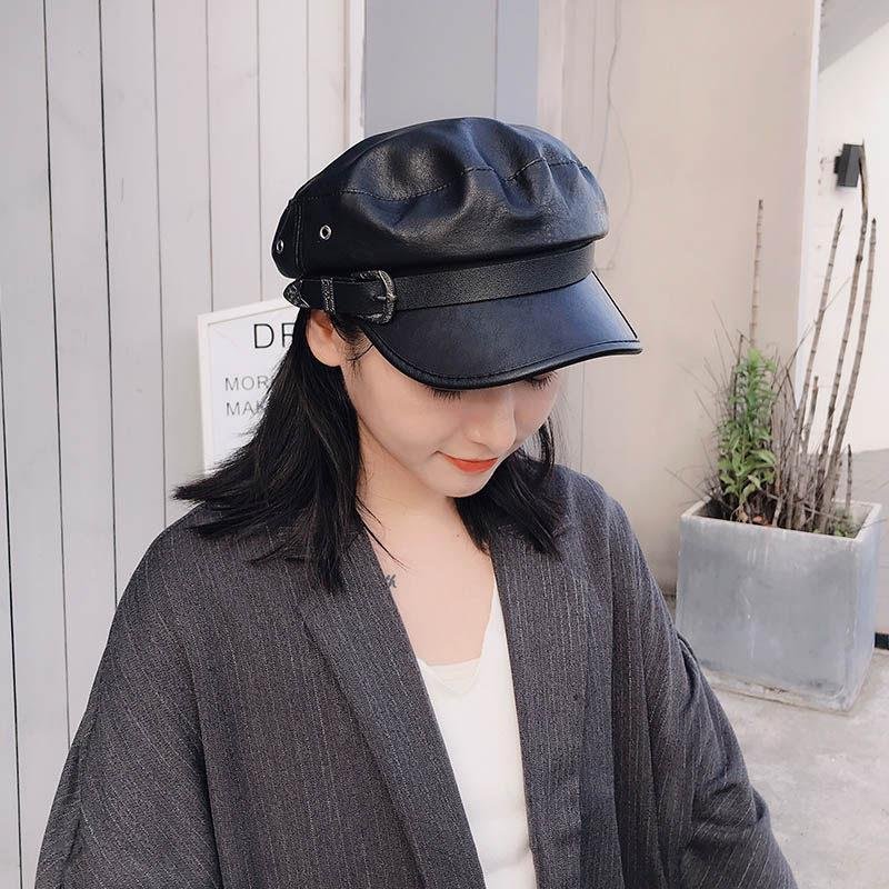 英伦风八角帽秋冬款八角贝雷帽女pu皮皮质新款皮帽子韩版帽平顶潮