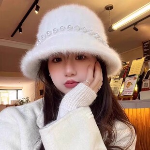 渔夫帽女秋冬珍珠蝴蝶结甜美可爱毛绒绒保暖盆帽韩里韩气的帽子