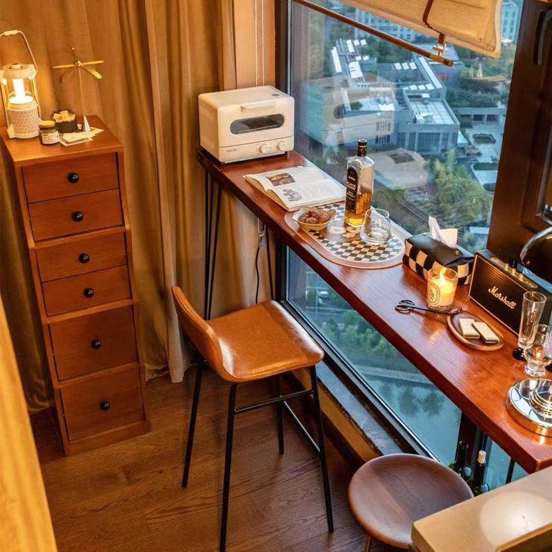 阳台实木吧台桌家用小吧台铁艺靠墙长条桌商用酒吧台简约高脚桌子