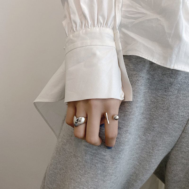 时尚个性女戒指简约几何方形圆珠戒指胖爱心宽面开口戒指银指环