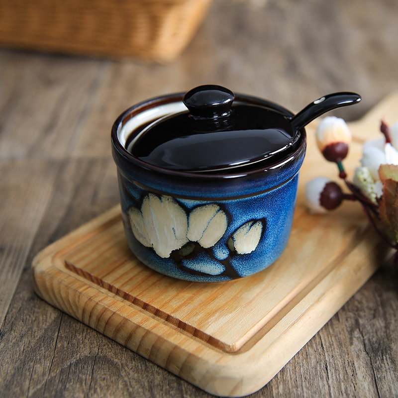 【玉泉】馨兰带盖陶瓷调味罐 盐罐糖罐调料瓶 釉下彩调料盒三件套