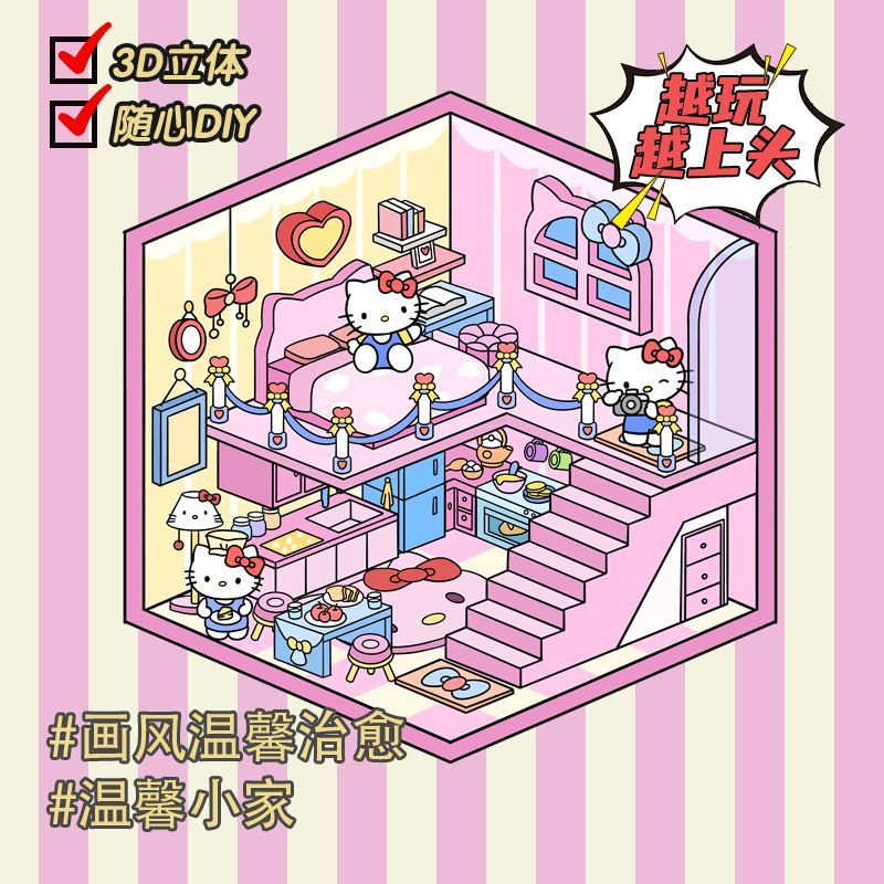 HelloKitty可爱3d微缩造景贴纸立体小屋场景贴手工dy解压堆叠贴画